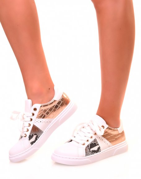 White sneakers with rose gold and python crocodile inserts
