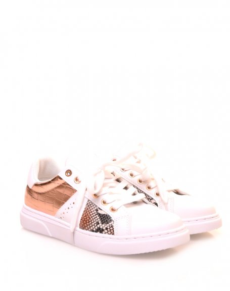 White sneakers with rose gold and python crocodile inserts