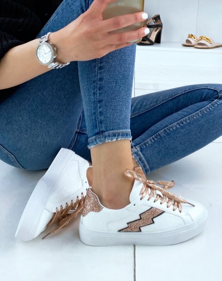 White sneakers with rose gold glitter details