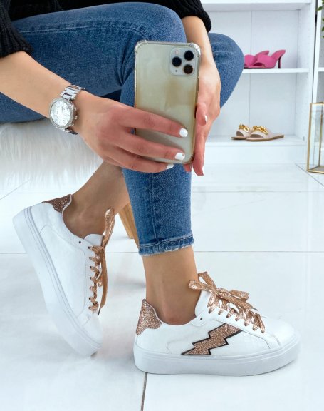 White sneakers with rose gold glitter details