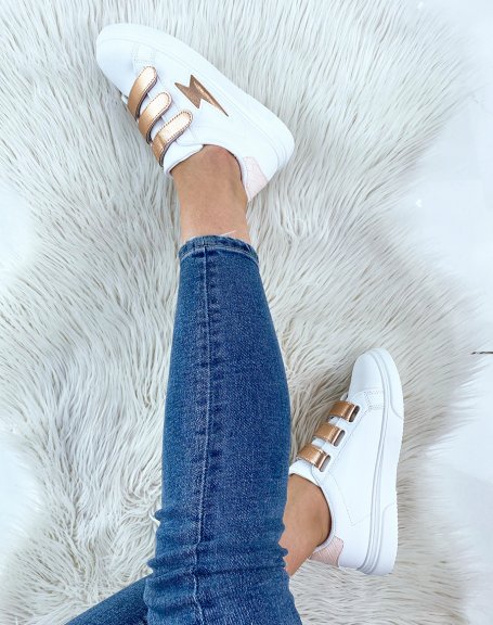 White sneakers with rosegold velcro