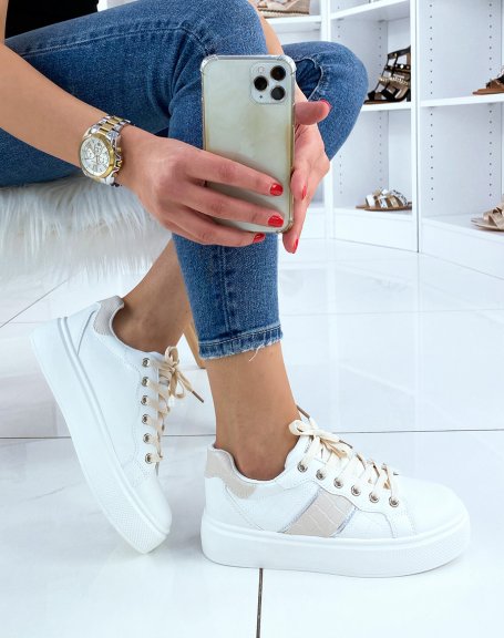 White sneakers with silver and beige croc-effect inserts