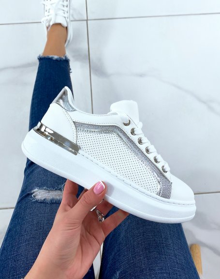 White sneakers with silver and sequined inserts