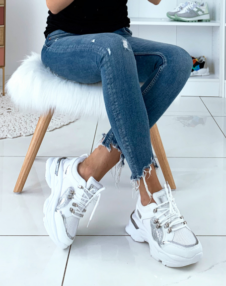White sneakers with silver insert and band on heel