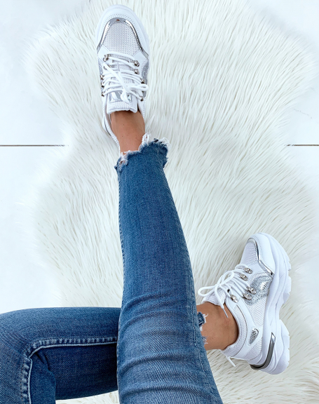 White sneakers with silver insert and band on heel