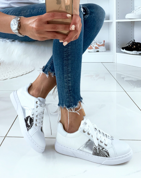 White sneakers with silver inserts in white croco and python
