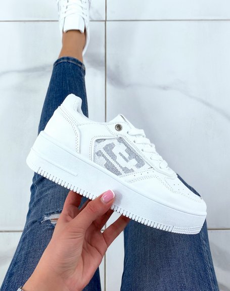 White sneakers with silver printed inserts with sequins