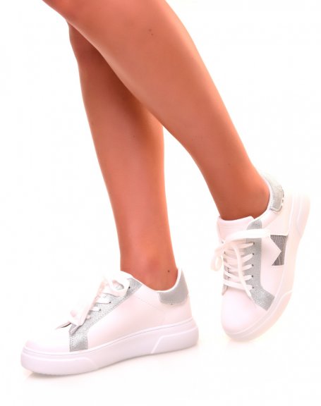 White sneakers with silver sequins and crocodile inserts