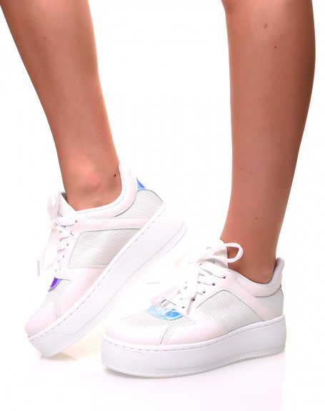 White sneakers with silver sequins and holographic inserts
