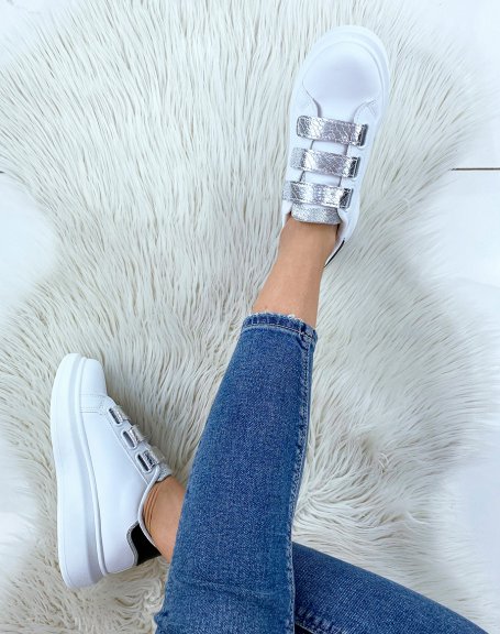 White sneakers with silver velcro and black insert
