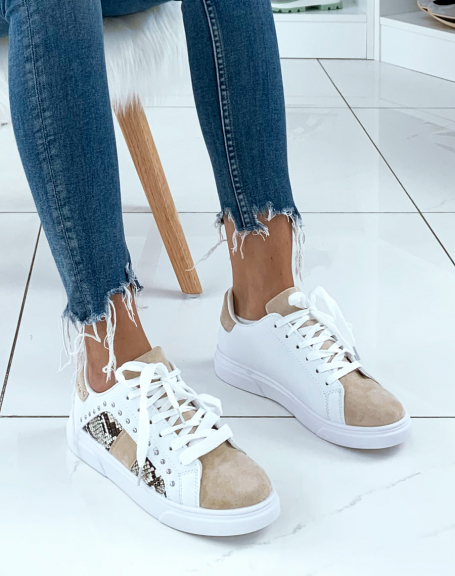 White sneakers with studs and beige and python inserts