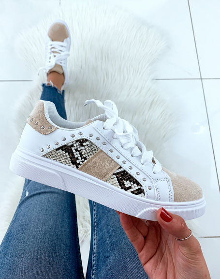 White sneakers with studs and beige and python inserts