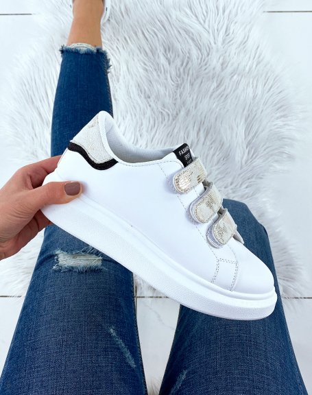 White sneakers with velcro and gold insert