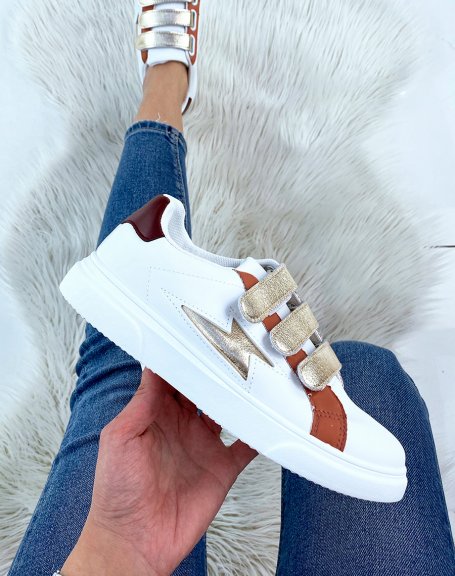 White sneakers with velcro and gold pattern
