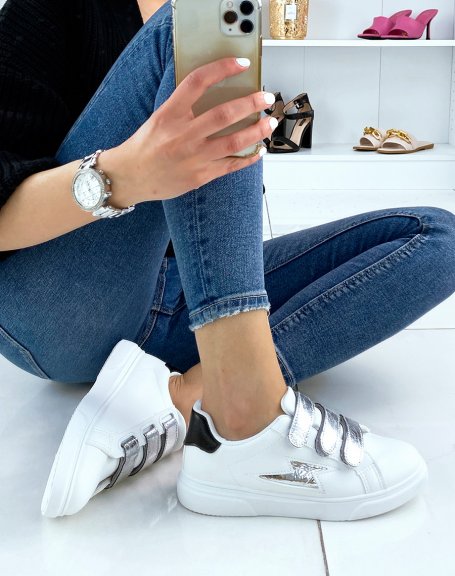 White sneakers with velcro and silver pattern