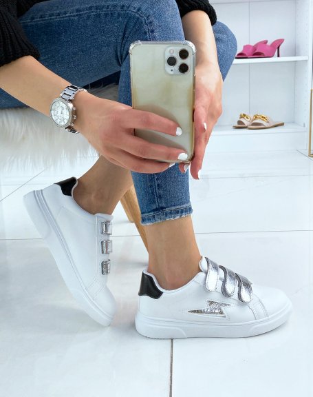 White sneakers with velcro and silver pattern