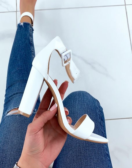 White square buckle heeled sandals