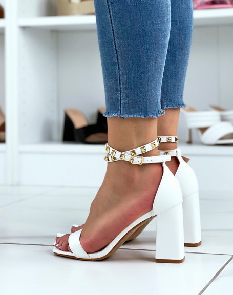 White studded sandals with heel