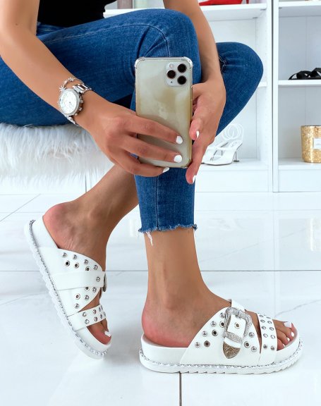 White studded sandals with silver clasp