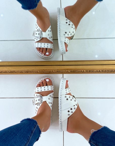 White studded sandals with silver clasp