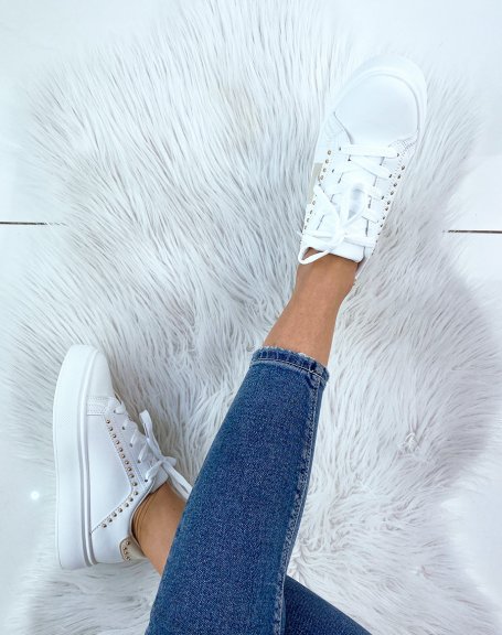White studded sneaker with beige inserts