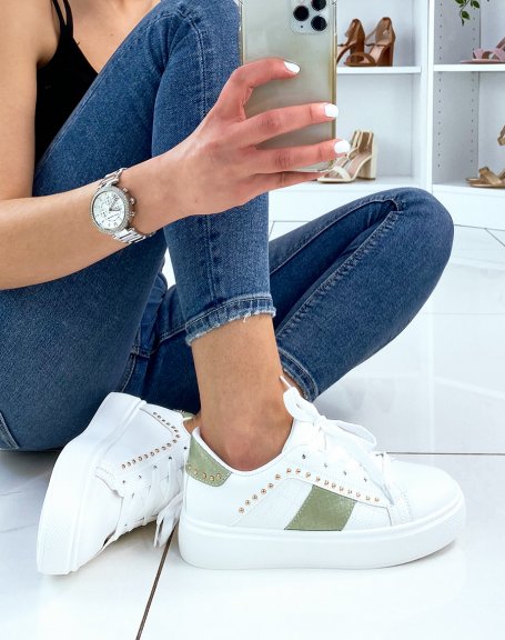 White studded sneaker with green inserts