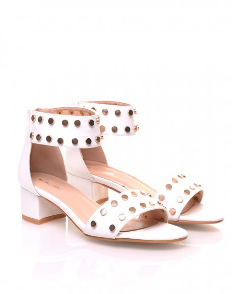 White studded square heel sandals
