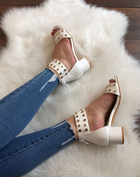 White studded square heel sandals