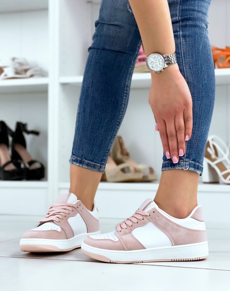White trainers with pink inserts and thin sole