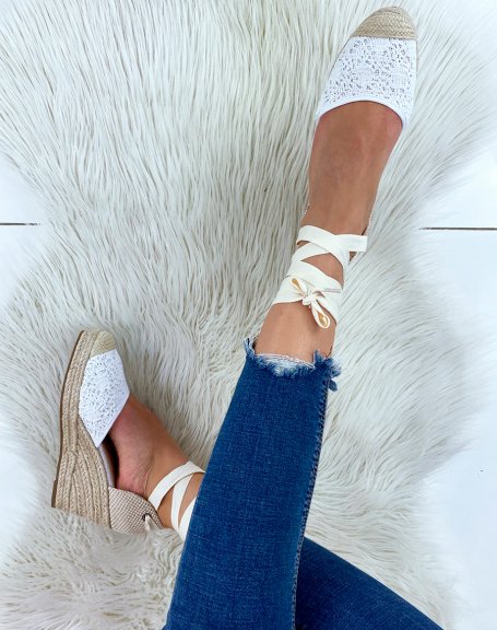White wedge espadrilles with long straps