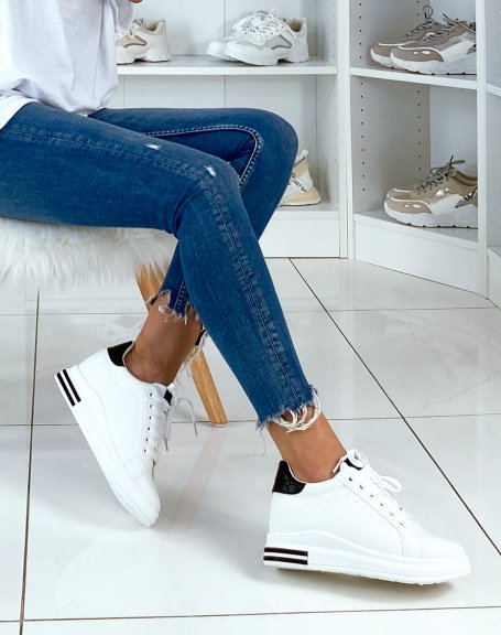 White wedge sneakers with black croc-effect panels