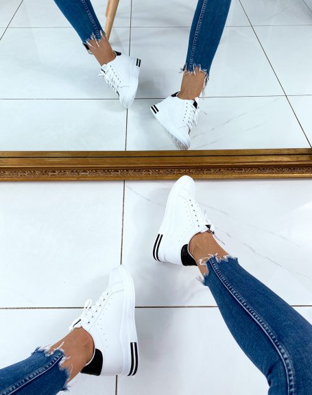 White wedge sneakers with black croc-effect panels