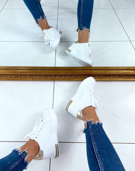 White wedge sneakers with gold croc-effect inserts