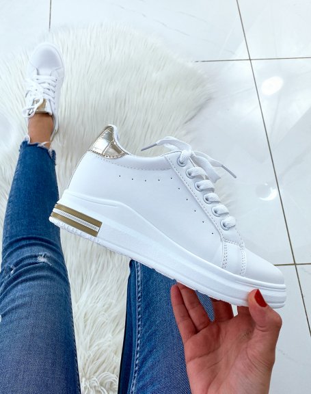White wedge sneakers with gold croc-effect inserts
