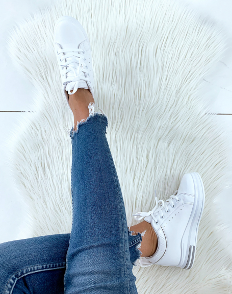 White wedge sneakers with white croc-effect panels