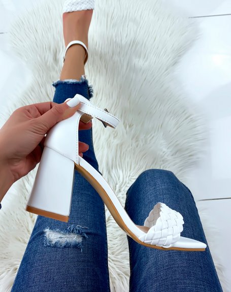 White woven block heel sandals