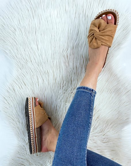 Wide strap mules in camel suede and Aztec pattern