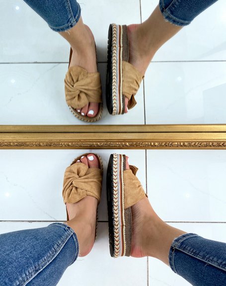 Wide strap mules in camel suede and Aztec pattern