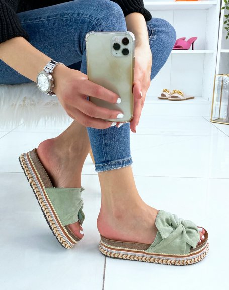 Wide strap mules in pastel green suede and Aztec pattern