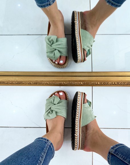 Wide strap mules in pastel green suede and Aztec pattern