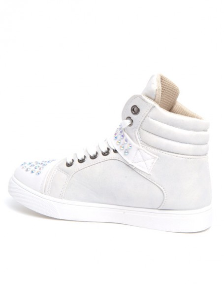 Women's white sneakers with laces, velcro and rhinestones