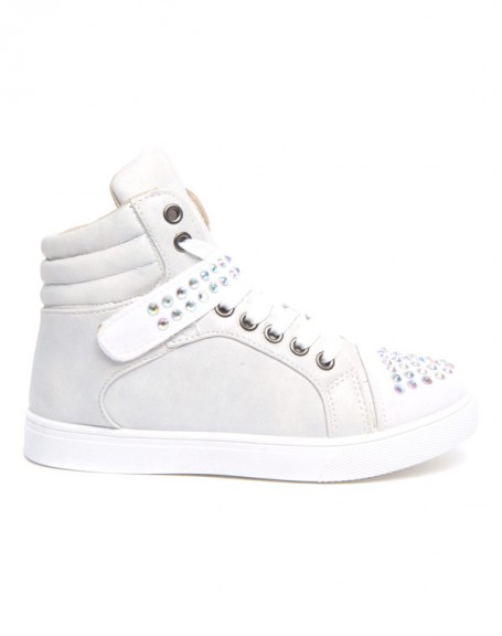 Women's white sneakers with laces, velcro and rhinestones