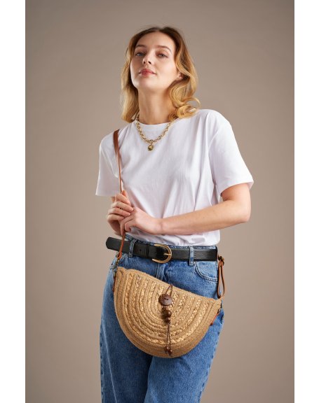 Wood-trim woven straw messenger bag