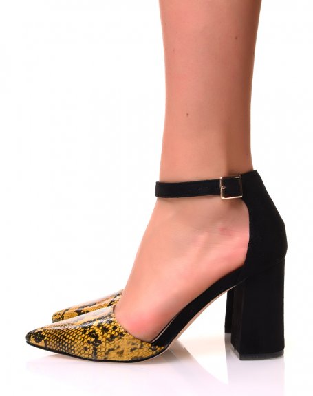 Yellow and black python-effect pointed toe pumps