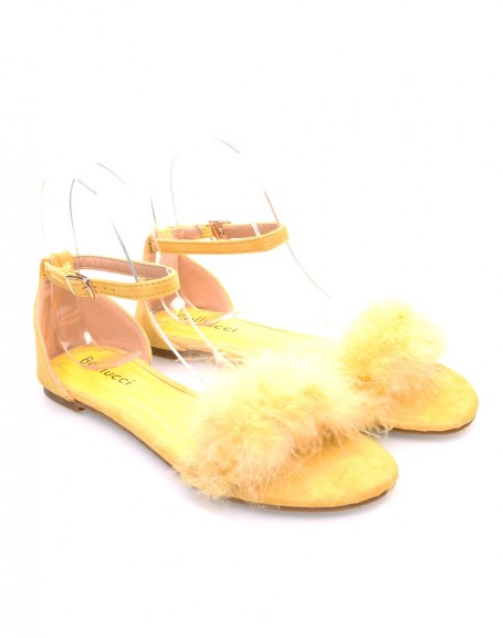 Yellow feathered suedette sandals