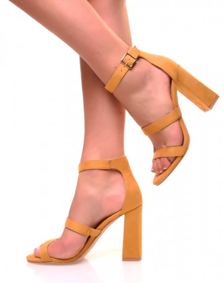 Yellow multi-strap heeled sandals