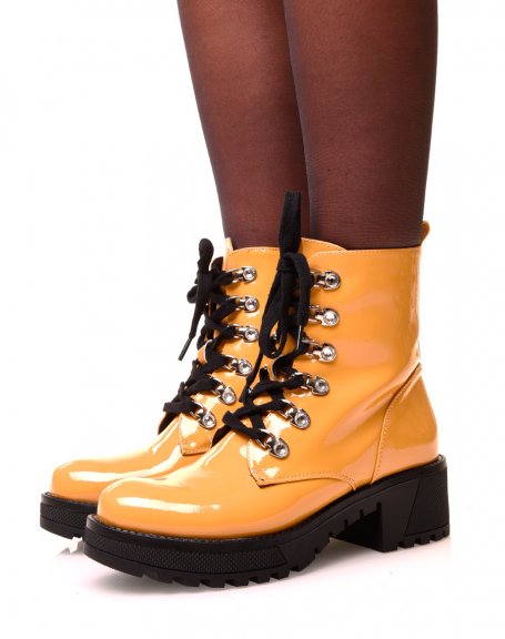 Yellow patent high lace-up ankle boots