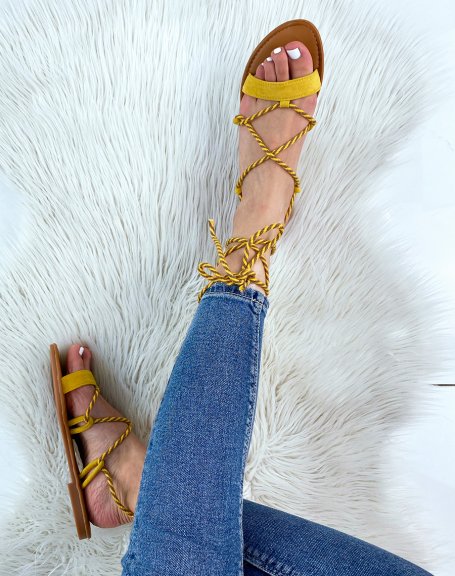 Yellow sandals in suede with long two-tone straps