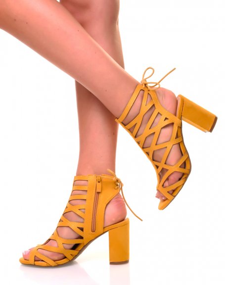 Yellow suede block heel sandals