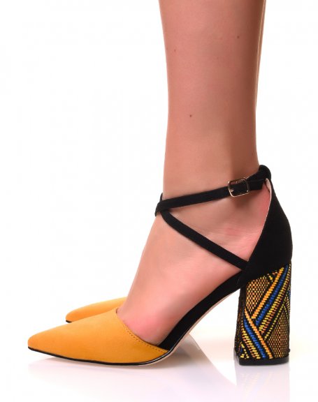 Yellow suede woven block-heel pumps